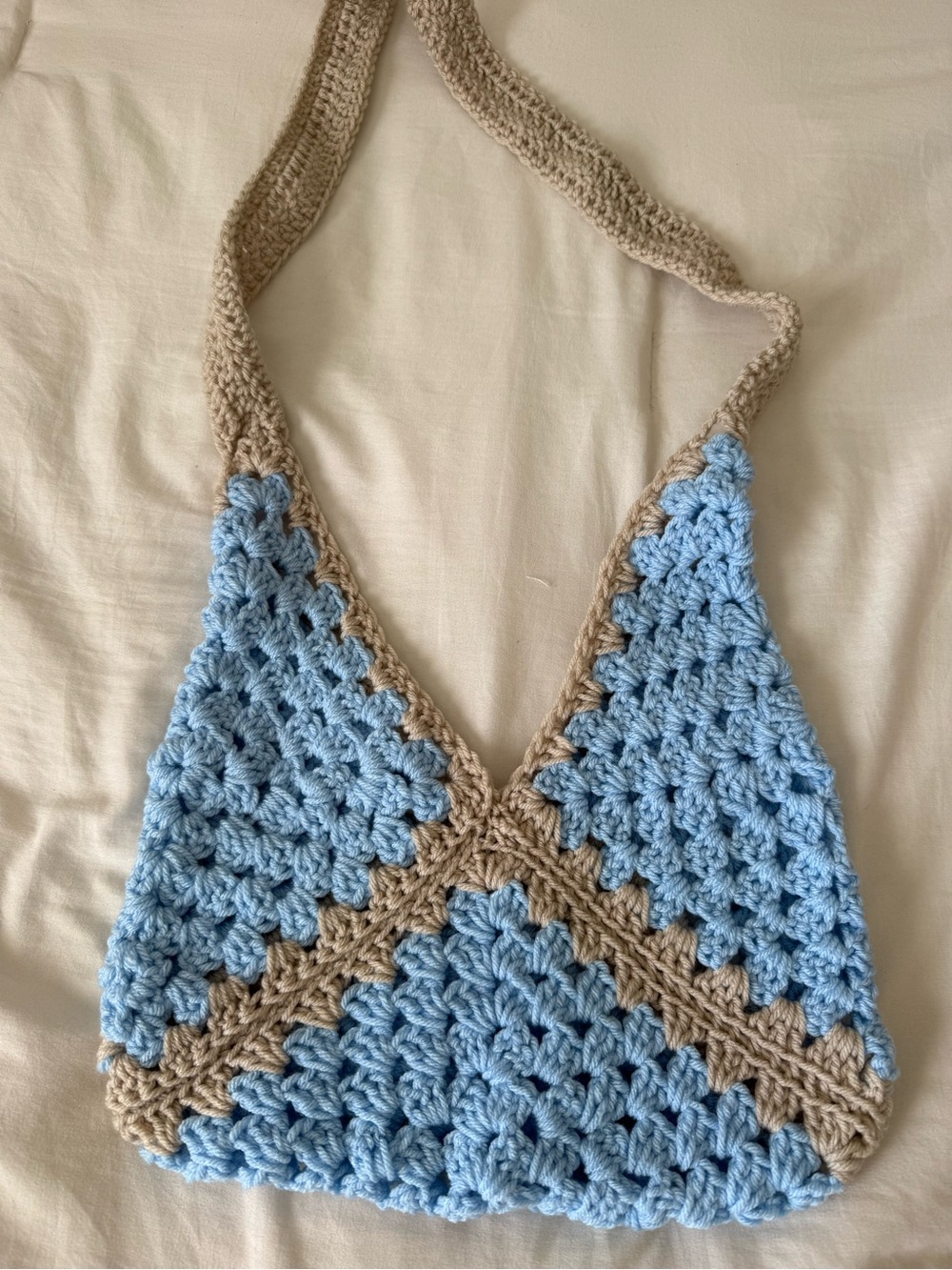 Handmade Crochet Shoulder Bag in Light Blue and Beige